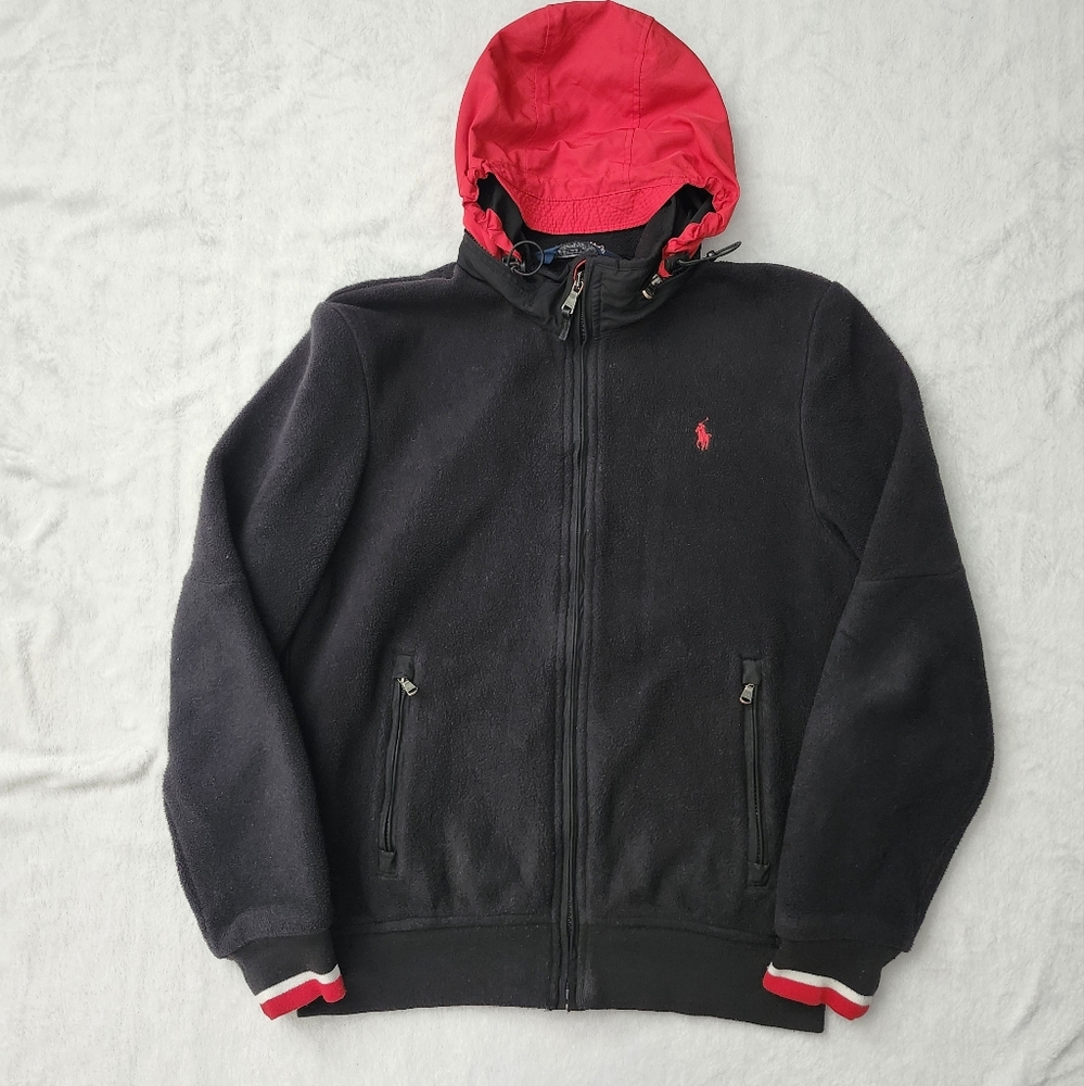 Vintage POLO‎ RALPH LAUREN Fleece Hoodie Full Zip Packable Hood Black Red Large